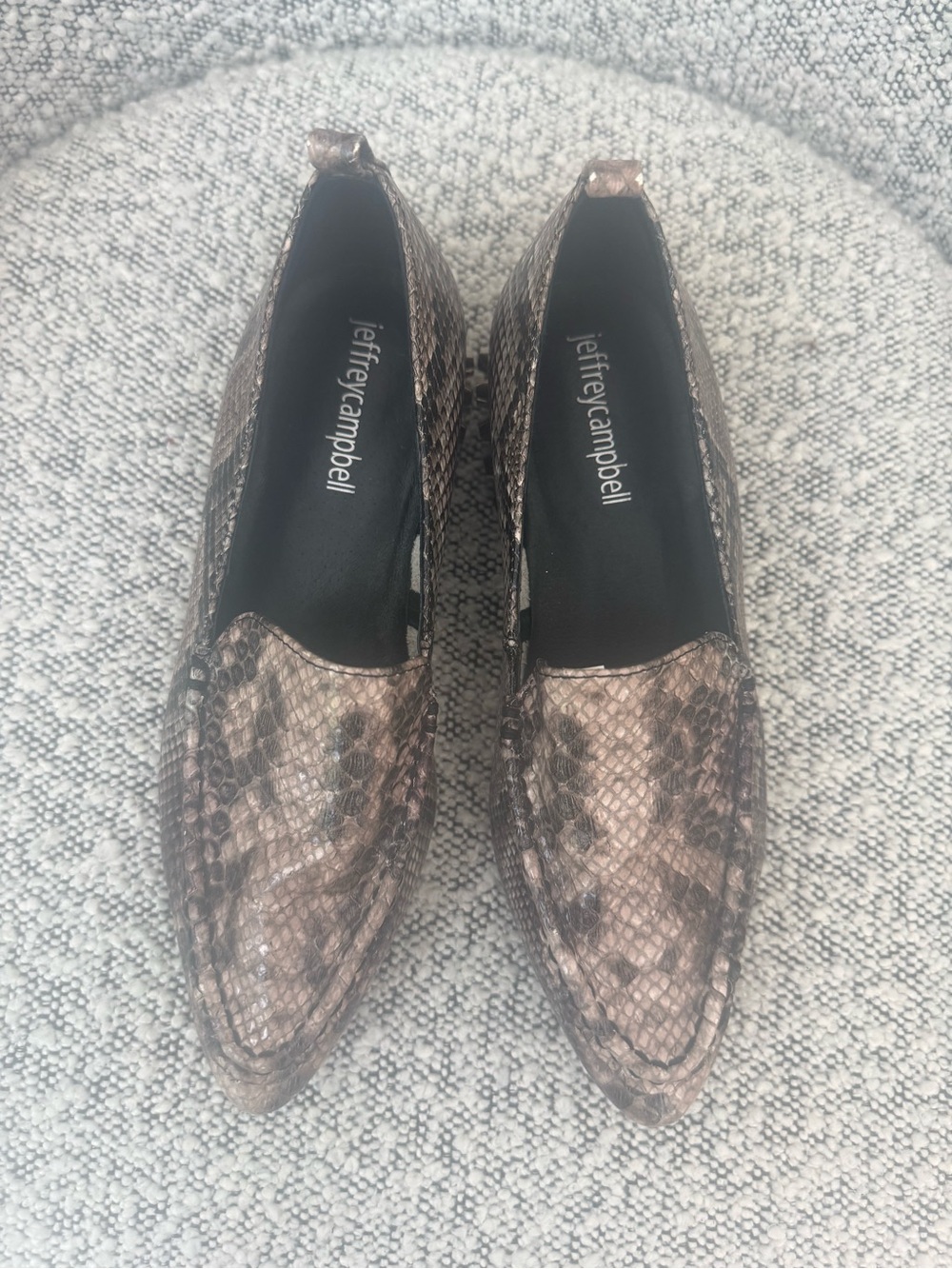 Jeffrey Campbell Pointed Snake-Print Loafers in Rose Bronze and Black
